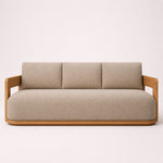 Cargar imagen en el visor de la galería, Sofá contemporáneo de madera con tapizado texturizado beige y líneas curvas
