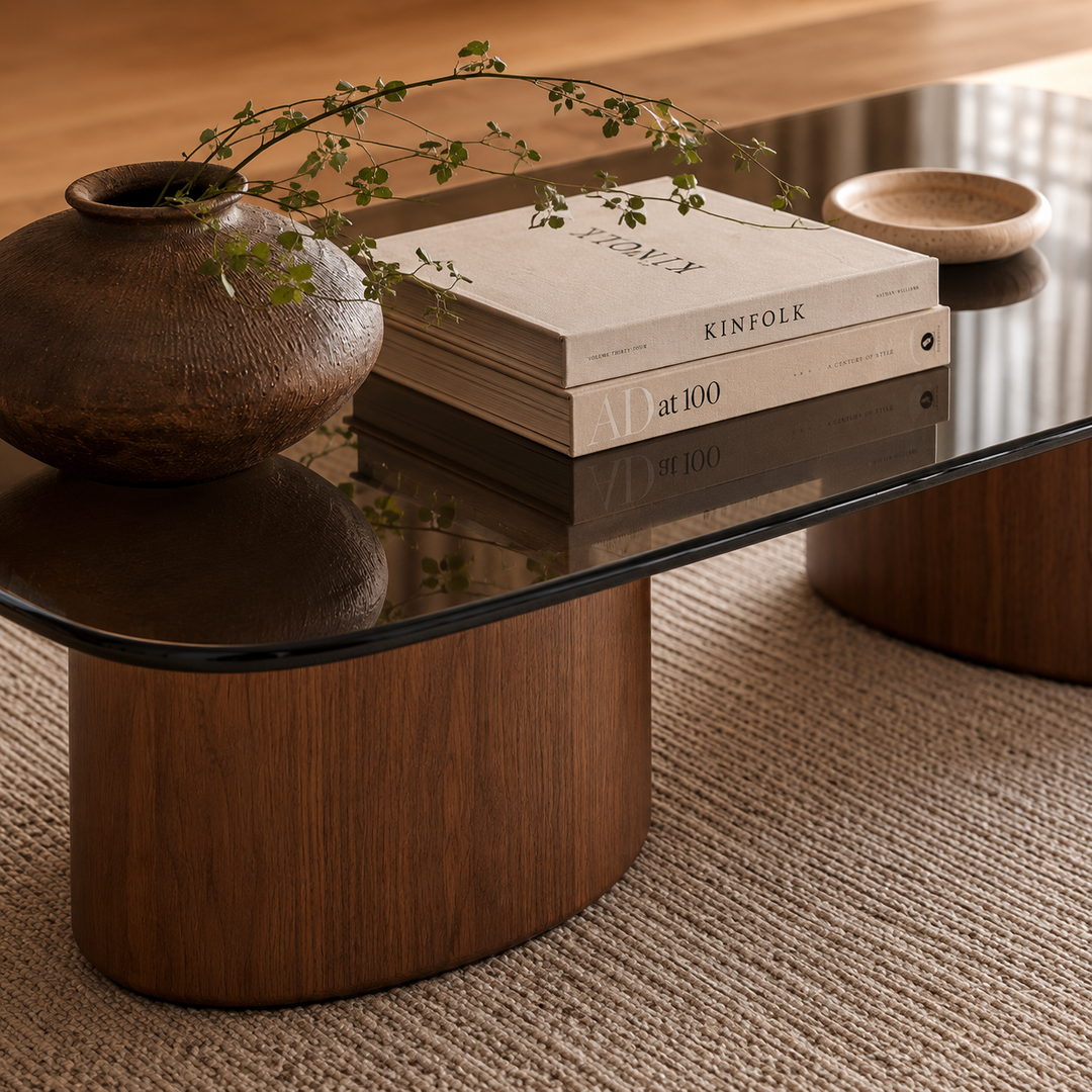 mesa de centro de madera y tablero de cristal