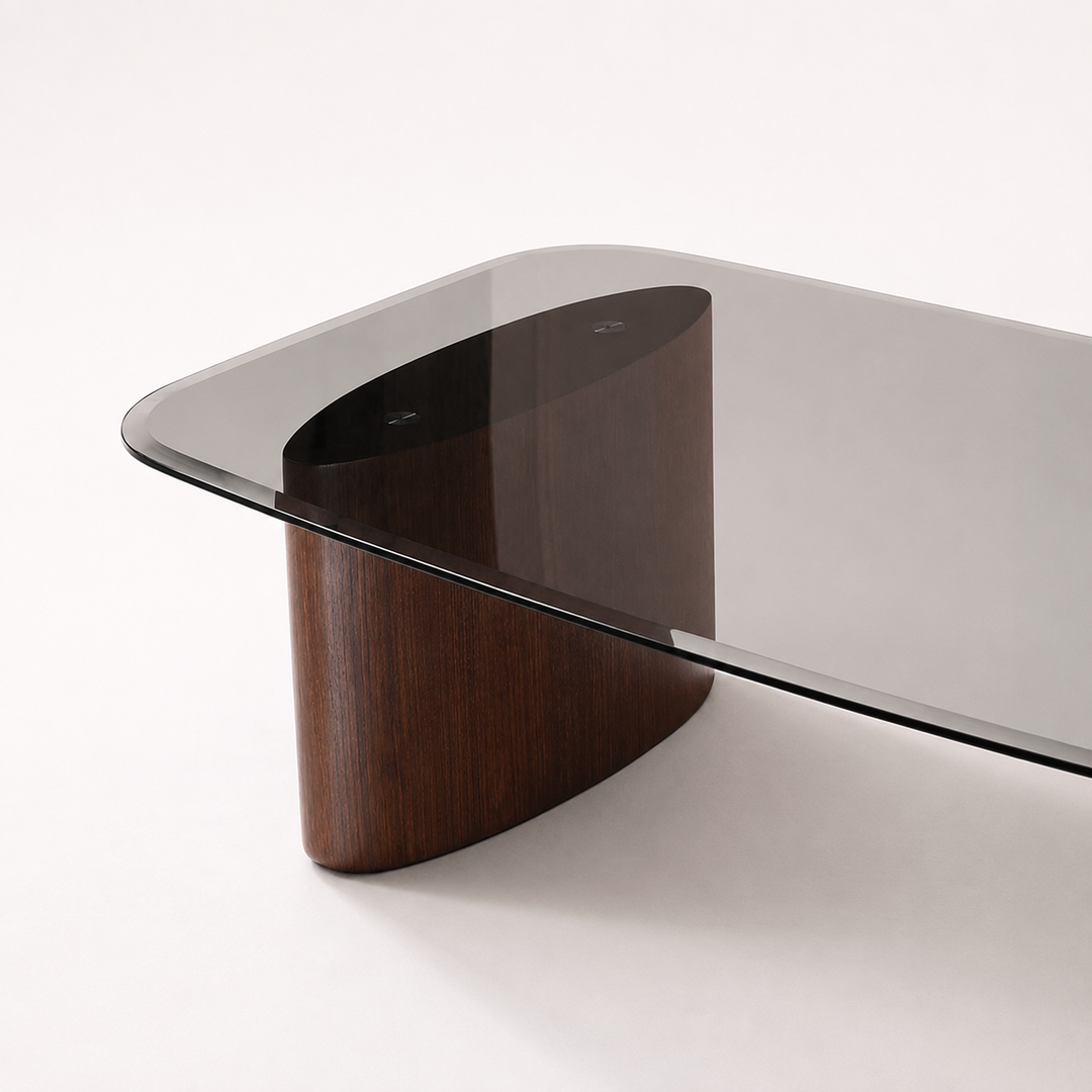 mesa de centro de madera y tablero de cristal