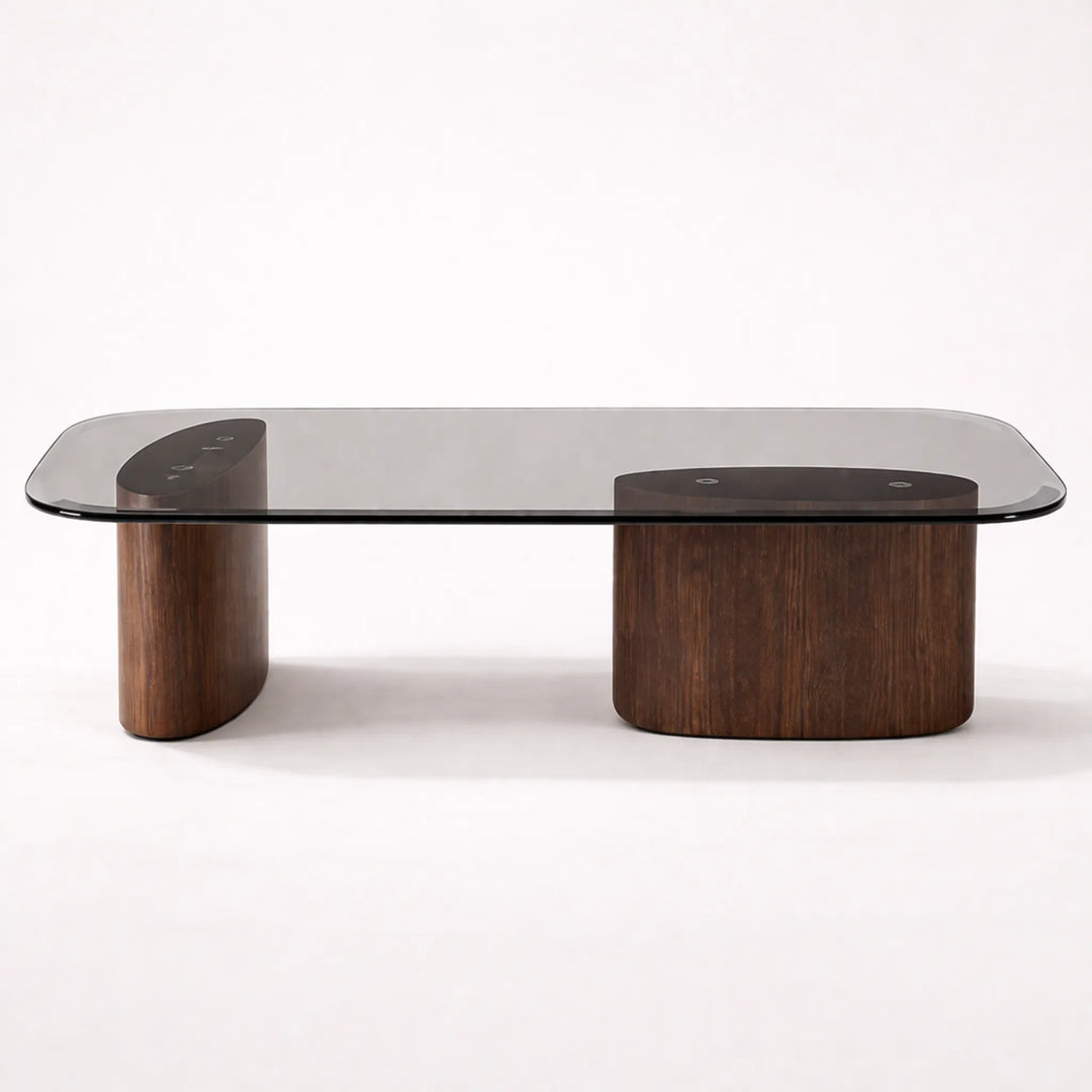 mesa de centro de madera con superficie de vidrio vista frontal