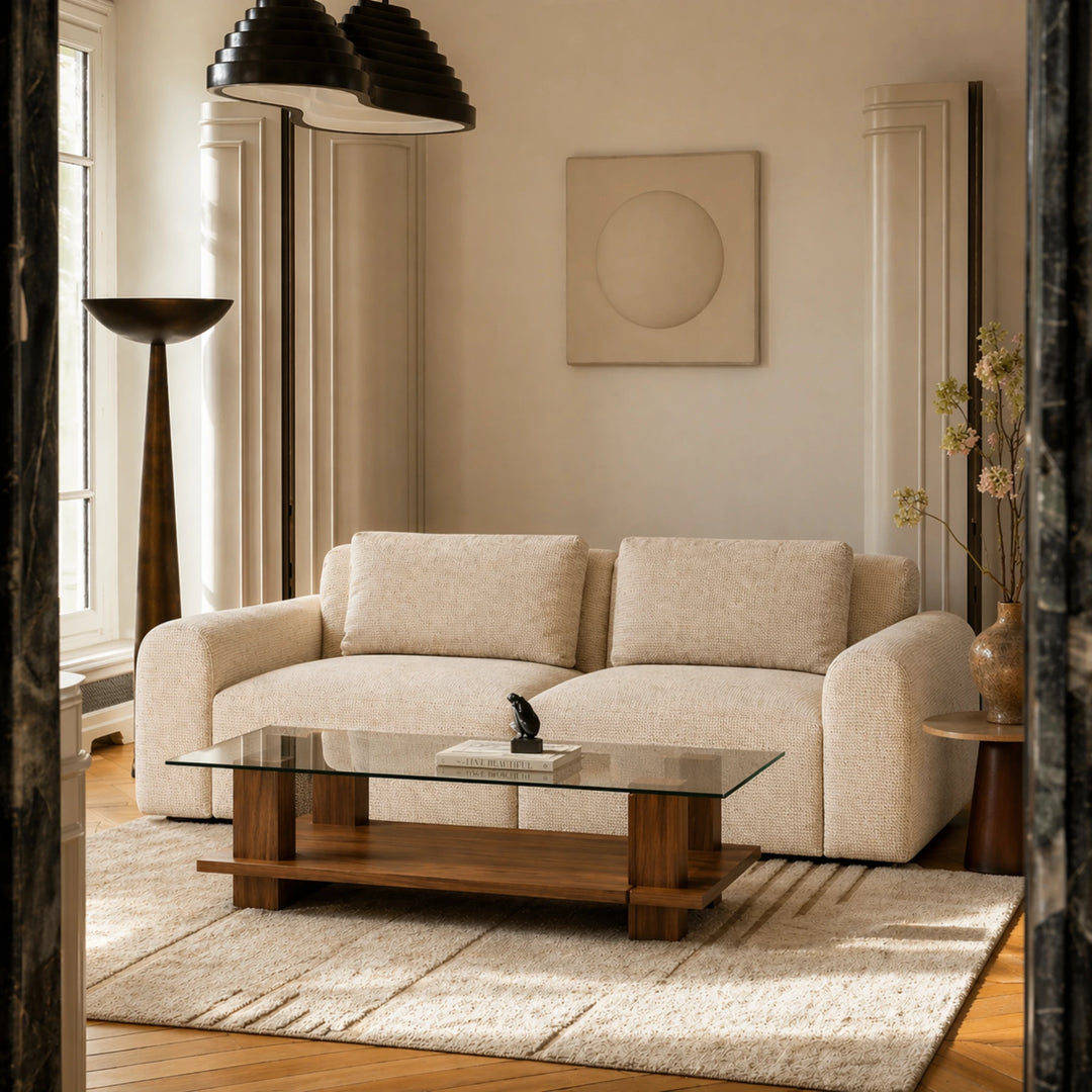 mesa de centro de madera con tablero de vidrio