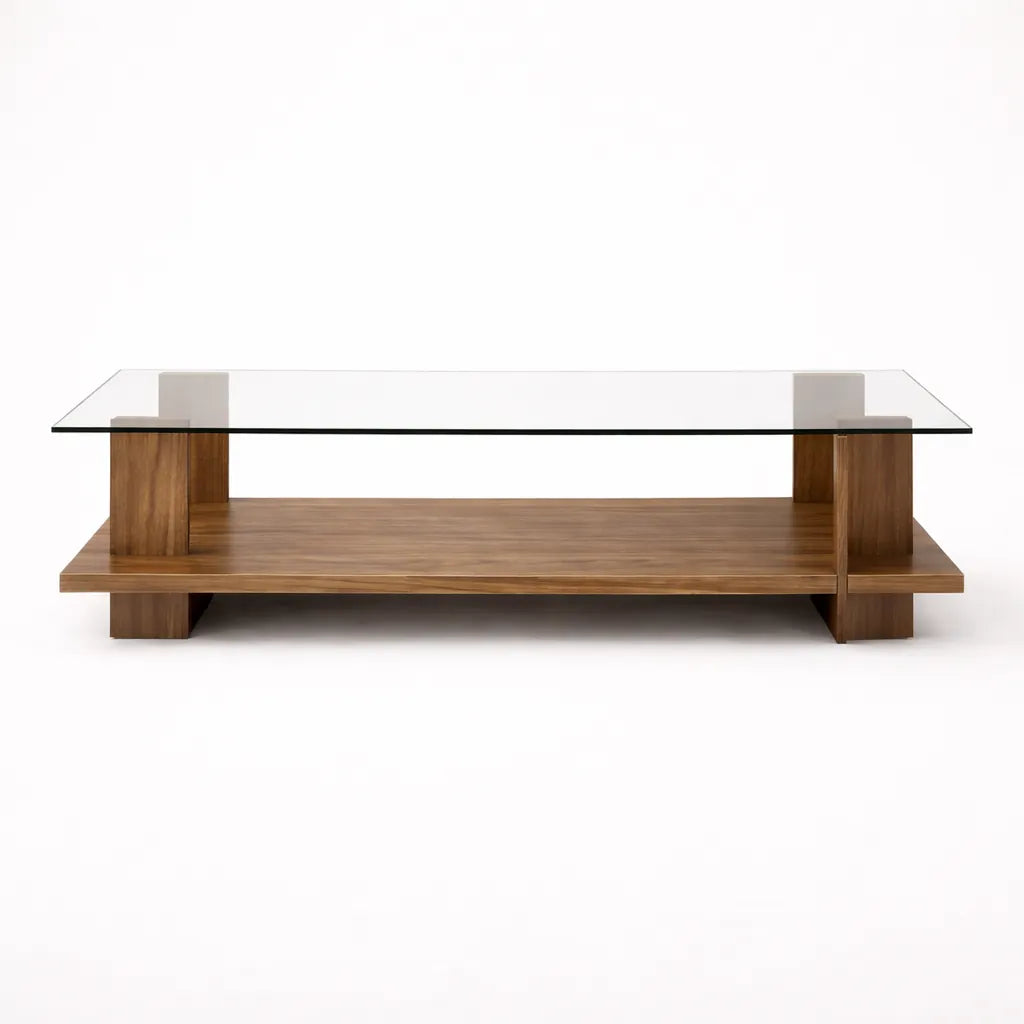 mesa de centro de madera con tablero de vidrio vista frontal