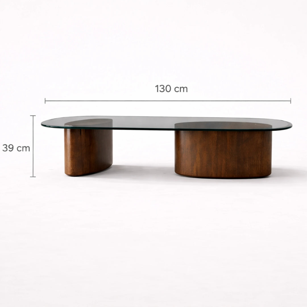 medidas de mesa de centro con base de madera y superficie de vidrio