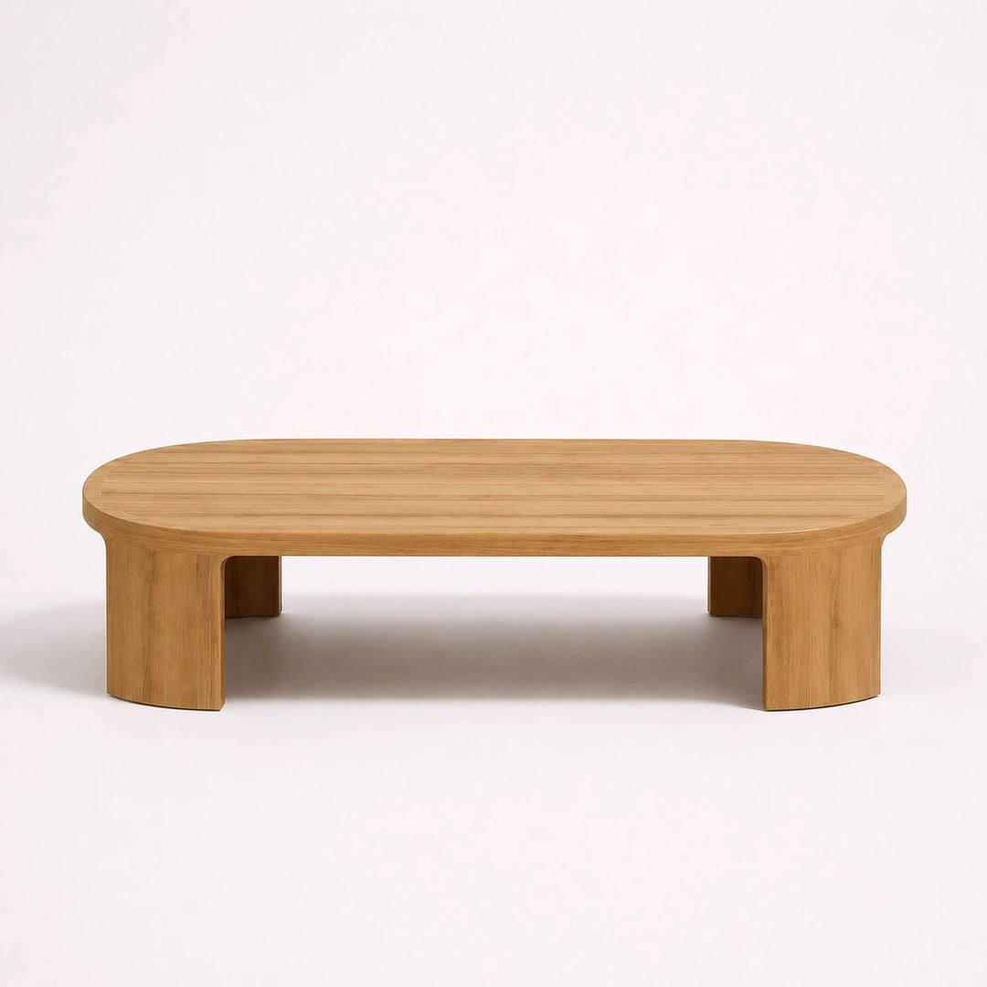 Mesa de centro baja de madera natural con estructura curva