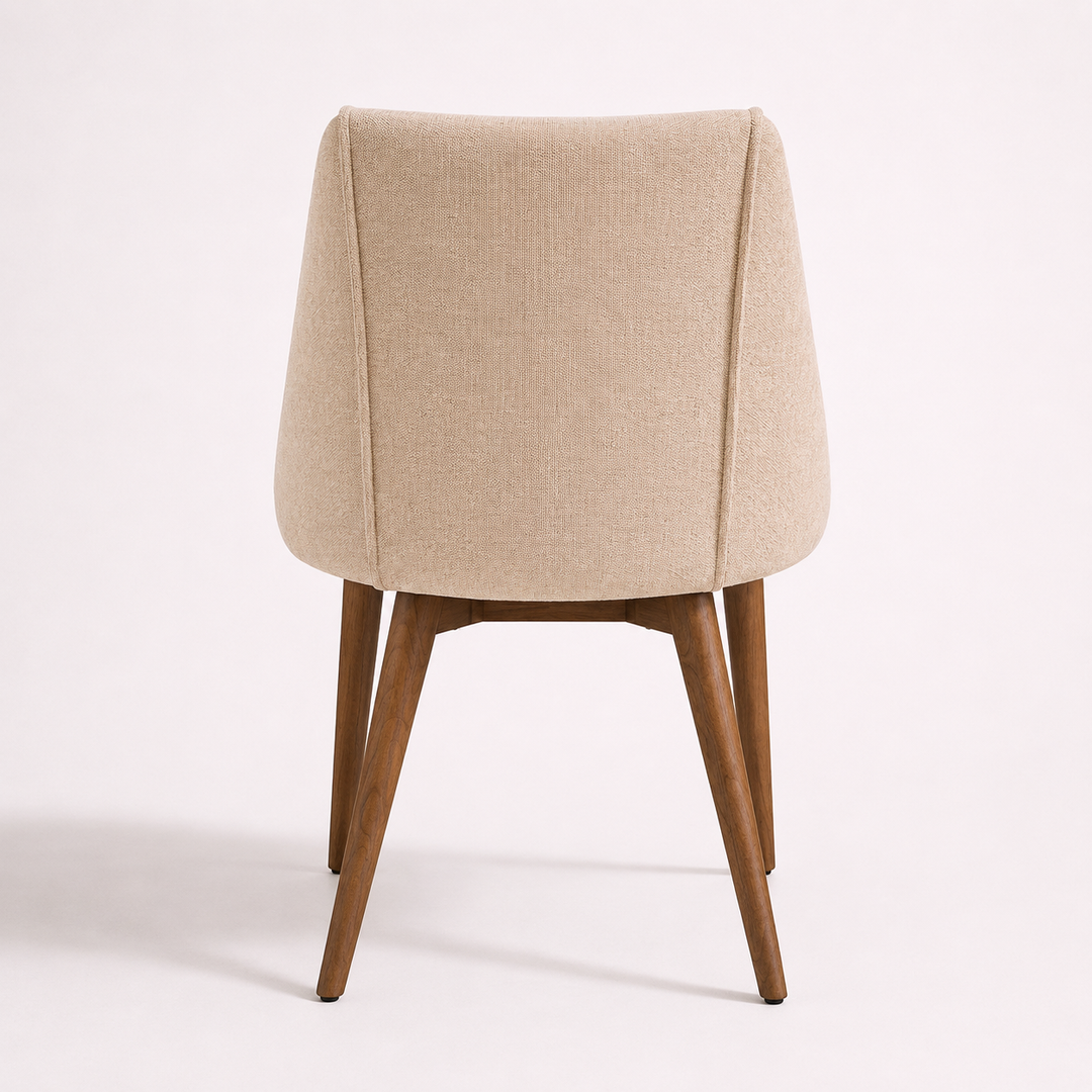 Silla de chenilla beige y madera maciza atras