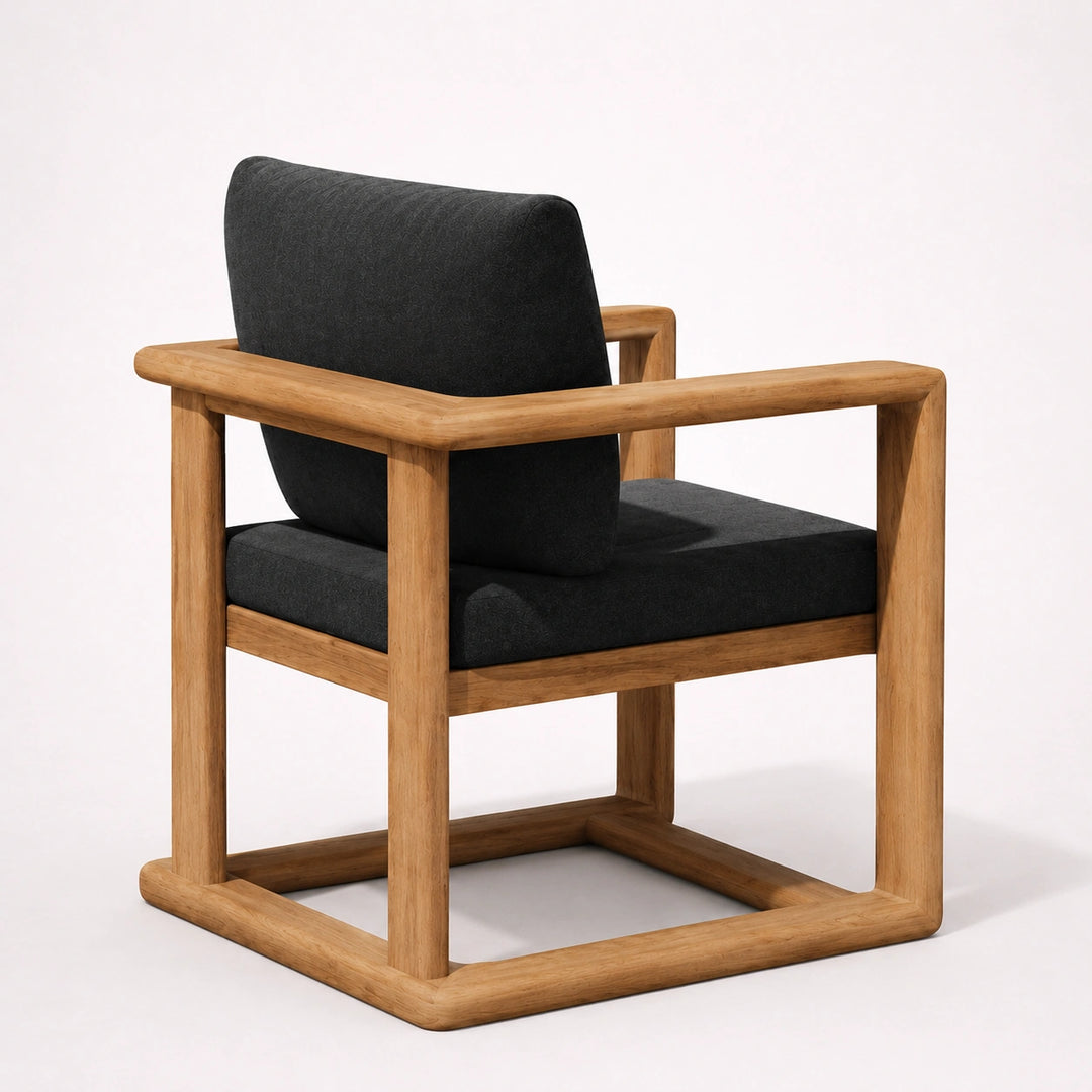 Silla contemporanea de madera con estructura geometrica vista trasera