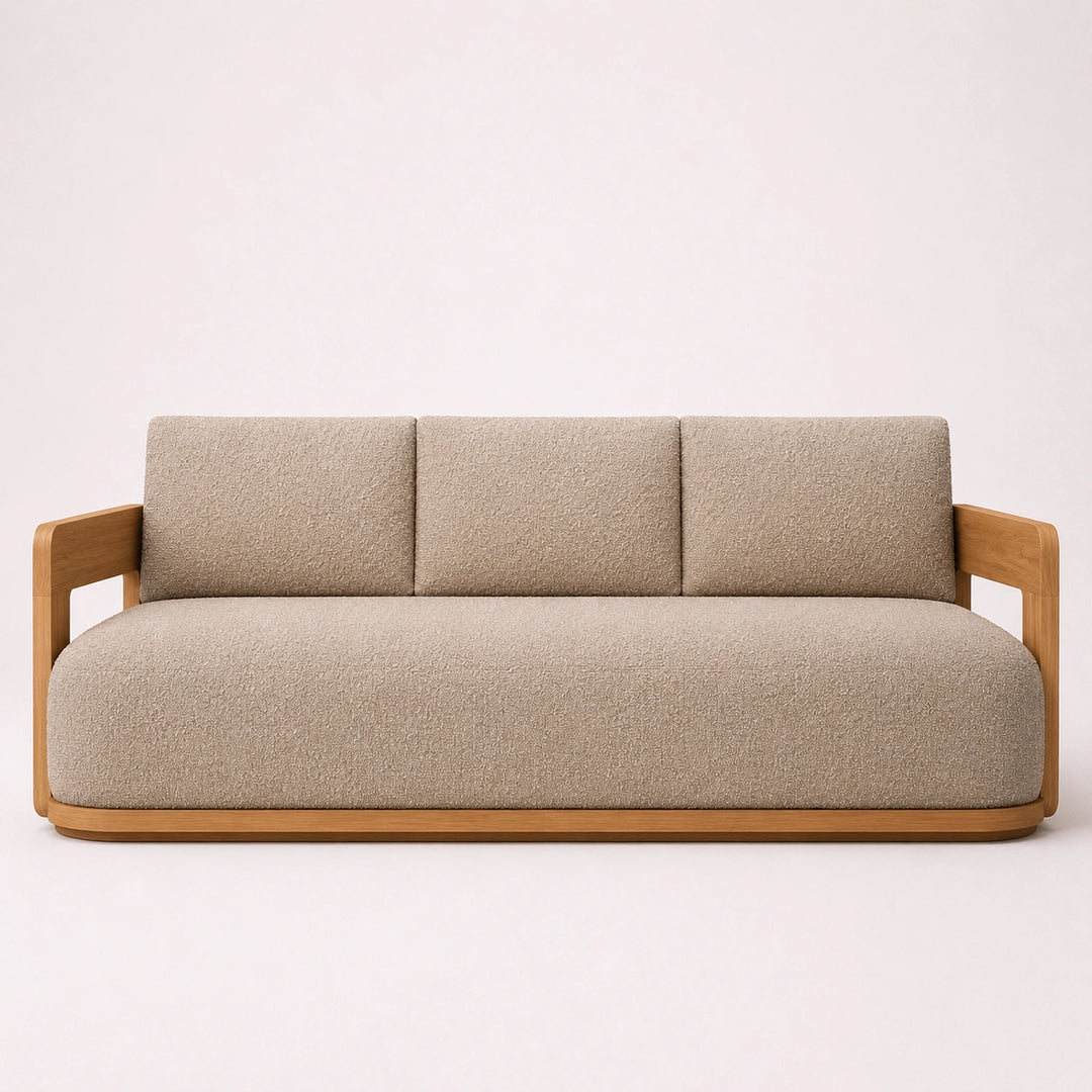 Sofá contemporáneo de madera con tapizado texturizado beige y líneas curvas