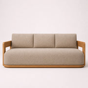 Sofá contemporáneo de madera con tapizado texturizado beige y líneas curvas